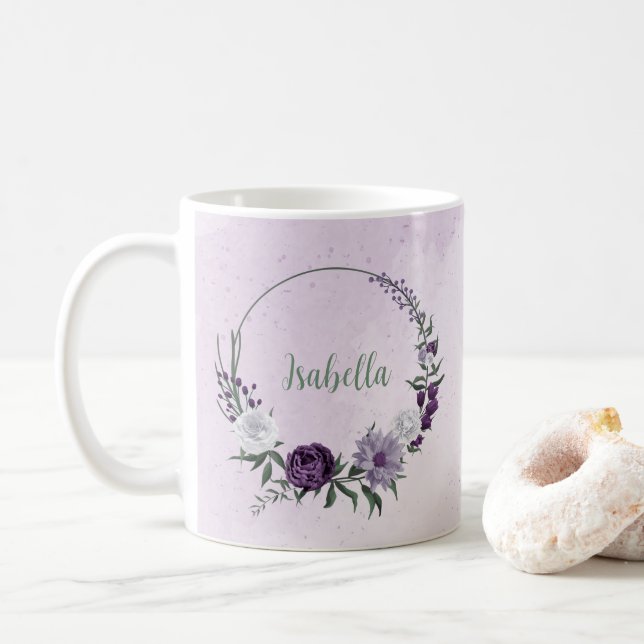 Caneca De Café Flores brancas roxas românticas folhagens (Com Donut)