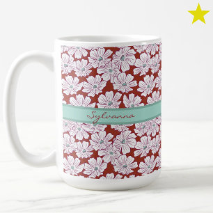 Caneca De Café Flores Brancas Rústicas Desenho Vermelho Turquesa