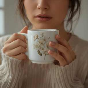 Caneca De Café Flores Brancas Suaves e Delicadas em Aquarela