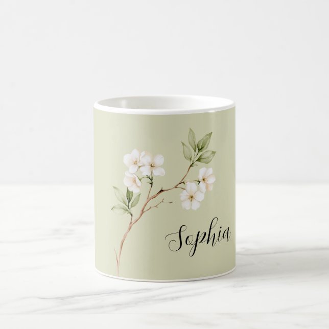 Caneca De Café Flores Brancas Verde Pálido Personalizadas (Centro)