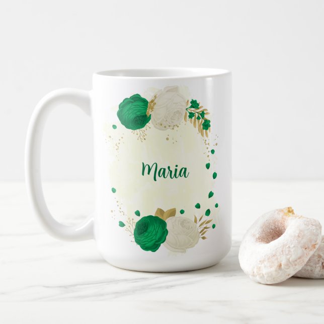 Caneca De Café flores brancas verdes dourado botânico casamento (Com Donut)