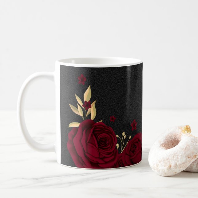 Caneca De Café Flores burgundy elegantes douradas pretas (Com Donut)