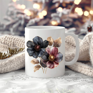 Caneca De Café Flores burgundy pretas de ouro a aquarela elegante