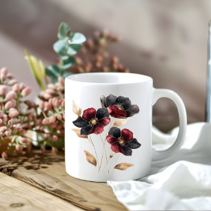 Caneca De Café Flores burgundy pretas de ouro a aquarela etérea