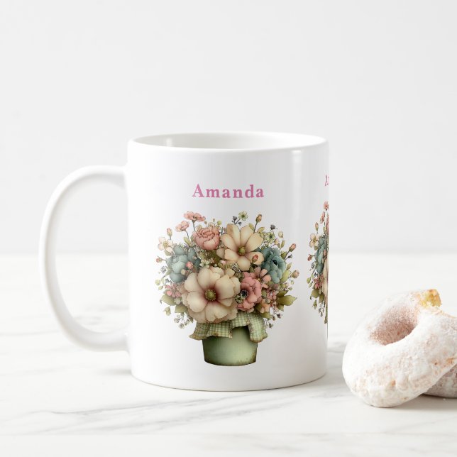Caneca De Café Flores Caprichosas em um Vaso de Planta Cute (Com Donut)