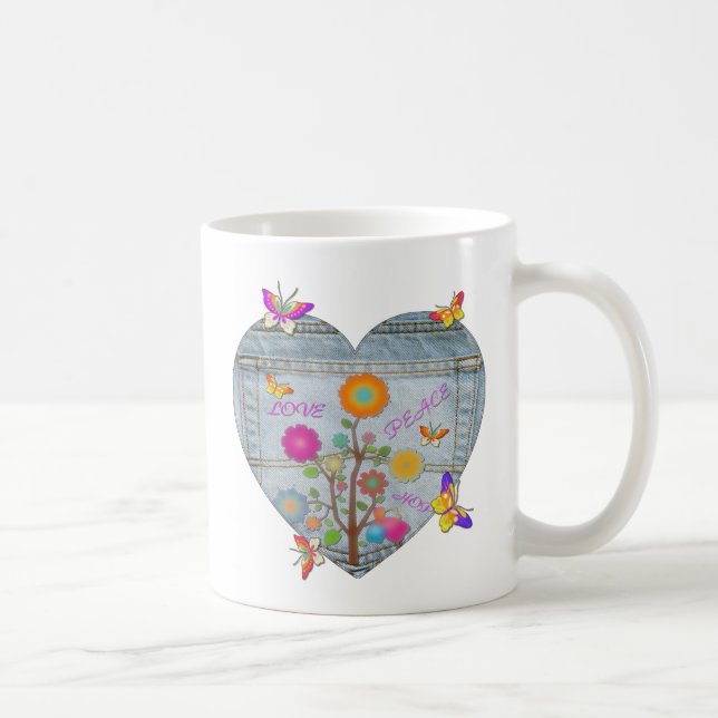 Caneca De Café Flores Cardíacas Denim Pocket Borboletas (Direita)