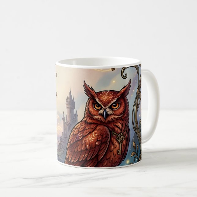 Caneca De Café Flores Carmesim & Coruja Mística. (Frente Esquerda)