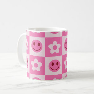 Caneca De Café Flores checadas e rostos felizes rosa