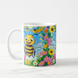 Caneca De Café Flores Coloridas De Abelhas De Cartoon