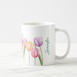 Caneca De Café Flores Coloridas de Tulipas em Aquarela Com Nome P