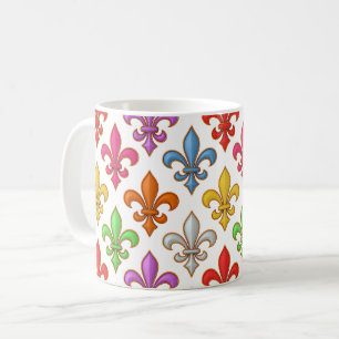 Caneca De Café Flores Coloridas e Negritas Fleur-de-lis Brancas