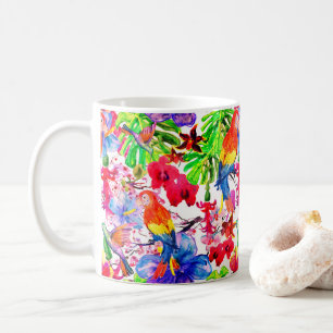 Caneca De Café Flores Coloridas Elegantes E Pássaros De Papagaio