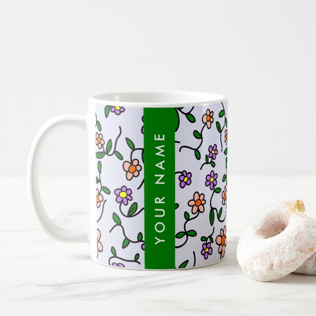 Caneca De Café Flores Coloridas, Fundo Azul, Verde (Com Donut)