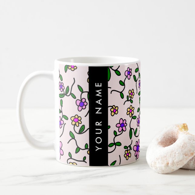 Caneca De Café Flores Coloridas, Fundo Rosa, Preto (Com Donut)