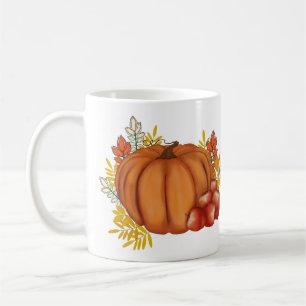 Caneca De Café Flores com Pumpkin e Maçãs. Ação de Graças
