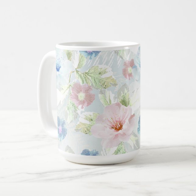 Caneca De Café Flores cor-de-água rosa e azul. (Frente Esquerda)