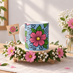 Caneca De Café Flores Cor-de-Rosa com Folhas Verdes e Detalhes Cu