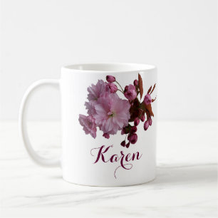 Caneca De Café Flores cor-de-rosa com nome Karen personalizável