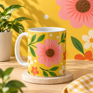 Caneca De Café Flores Cor-de-Rosa, Creme e Laranja com Folhas Ver
