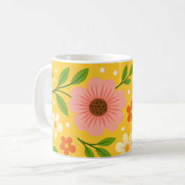 Caneca De Café Flores Cor-de-Rosa, Creme e Laranja com Folhas Ver