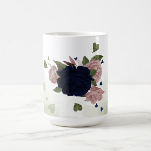 Caneca De Café flores cor-de-rosa e azul-marinho folhagem 