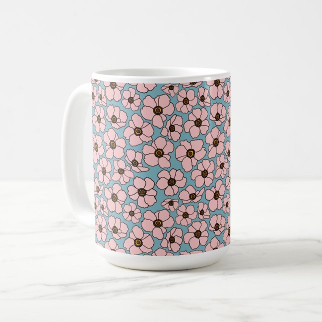Caneca De Café Flores Cor-de-Rosa em Azul   (Frente Esquerda)