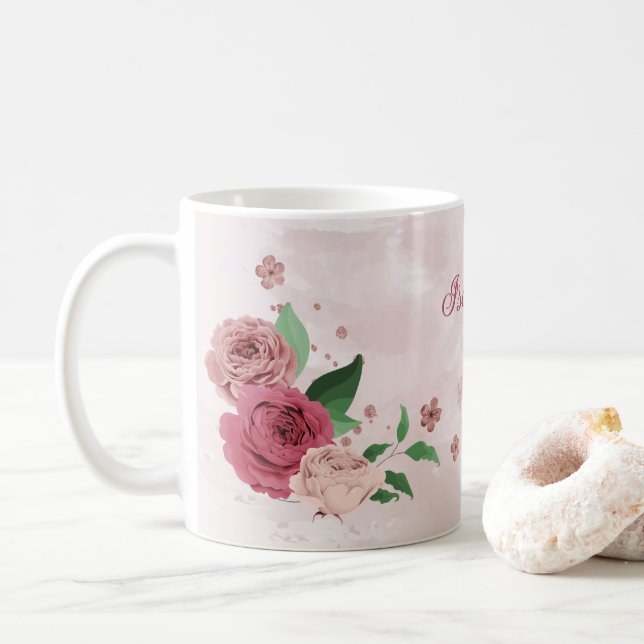 Caneca De Café flores cor-de-rosa folhas verdes  (Com Donut)