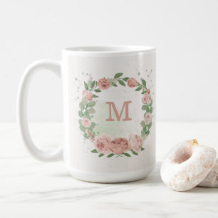 Caneca De Café flores cor-de-rosa pinceladas verdes botânicas