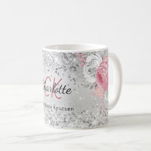 Caneca De Café Flores cor-de-rosa prateada nome de monograma eleg