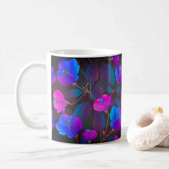 Caneca De Café Flores Cor-de-Rosa Púrpura Elegante (Com Donut)
