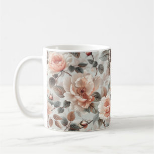 Caneca De Café Flores-creme com folhas de cinza em cinza-clara