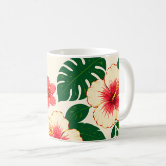 Caneca De Café Flores Creme e Coral Rosa com Folhas Verdes