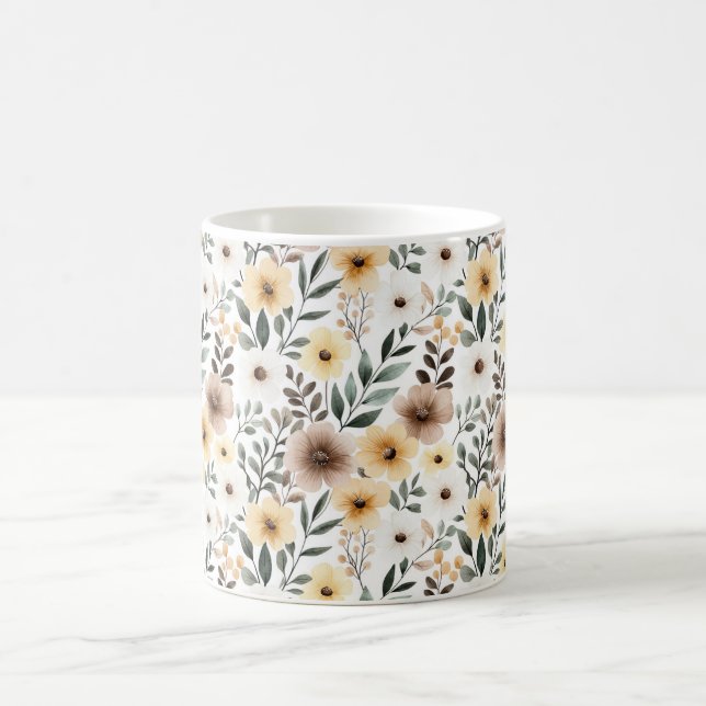 Caneca De Café Flores Creme Marrom Amarelo (Centro)