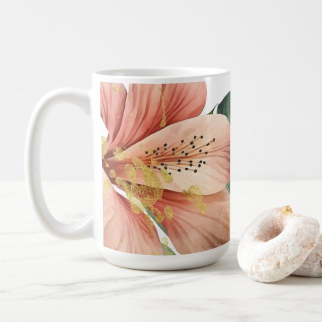 Caneca De Café Flores da Selva em Aquarela com Salpicos de Dourad (Com Donut)