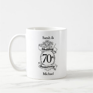 Caneca De Café Flores de 70 de Aniversário Pretas e Brancas