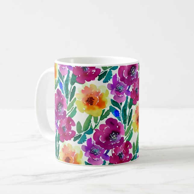Caneca De Café Flores de Aquarela Amarelo Maroon (Frente Esquerda)
