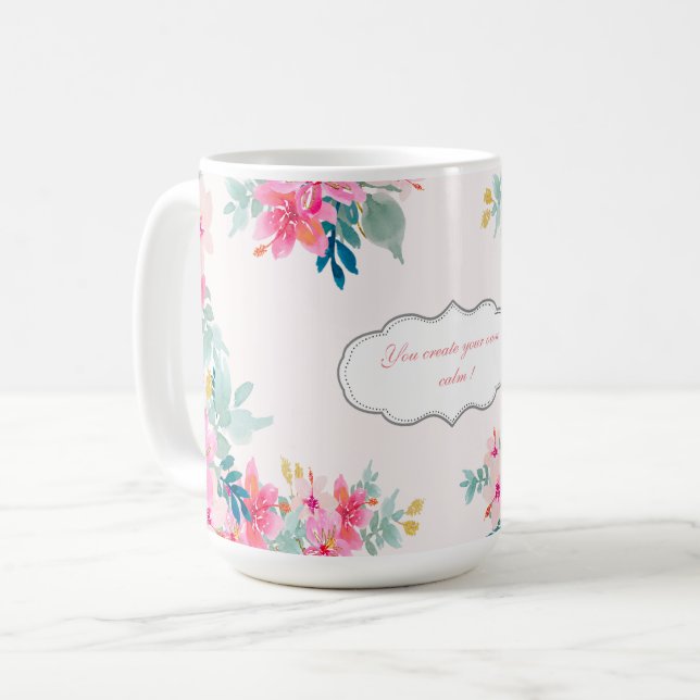 Caneca De Café Flores de Aquarela Chic,Mensagem Motivacional (Frente Esquerda)