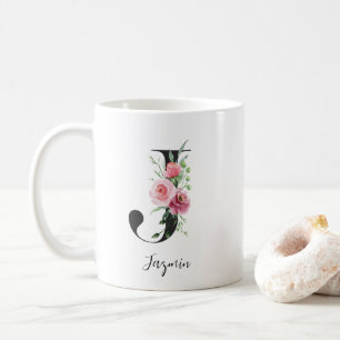 Caneca De Café Flores de Aquarela Monograma J Nome Personalizado