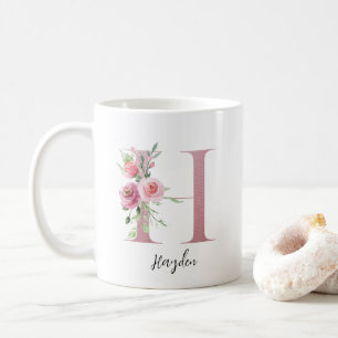 Caneca De Café Flores de Aquarela Monograma Rosa H Nome Personali