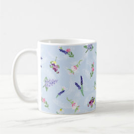 Caneca De Café Flores de Aquarela na Textura Azul Pálido