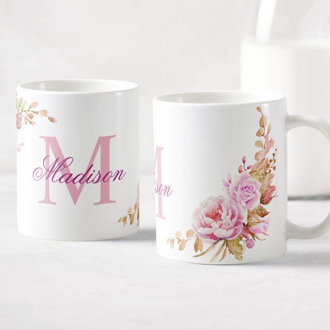 Caneca De Café Flores de Aquarela Nome do Monograma Personalizado (Criador carregado)