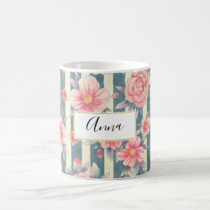 Caneca De Café Flores de Aquarela Rosa em Stripes