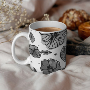 Caneca De Café Flores de aquarelas e de tinta - preto e branco