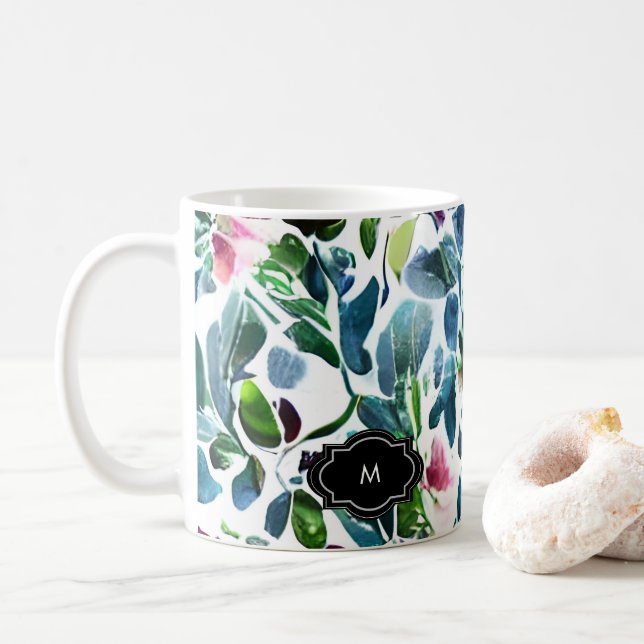 Caneca De Café Flores de aquarelas padrão botânico monograma (Com Donut)