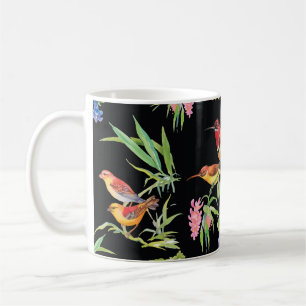 Caneca De Café Flores de Aves Selvagens: Vintagem Negra