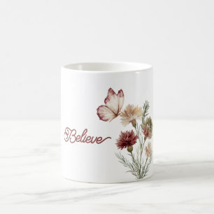 Caneca De Café Flores de Borboleta Brancas de Borgonha Vermelho