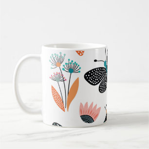 Caneca De Café Flores de Borboletas: Coleção Desenhada Mão
