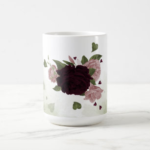 Caneca De Café flores de borgonha rosa ameixa folhagem verde