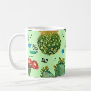 Caneca De Café Flores De Cactus: Fundo Geométrico De Aquarela.