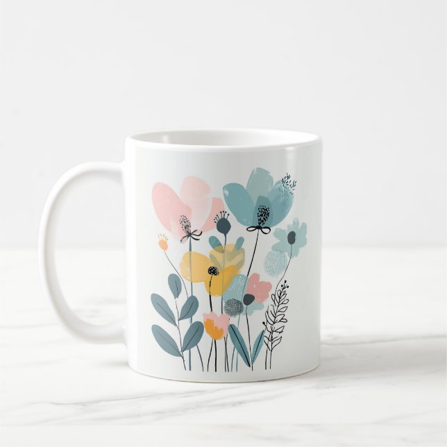 Caneca De Café Flores de Cartoon Bonitas Aquarela Desenhar de Mão (Esquerda)